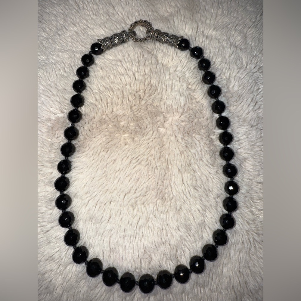 Vintage 925 Sterling Silver Filigree Black Onyx Cabochon Bead Necklace Marcasite